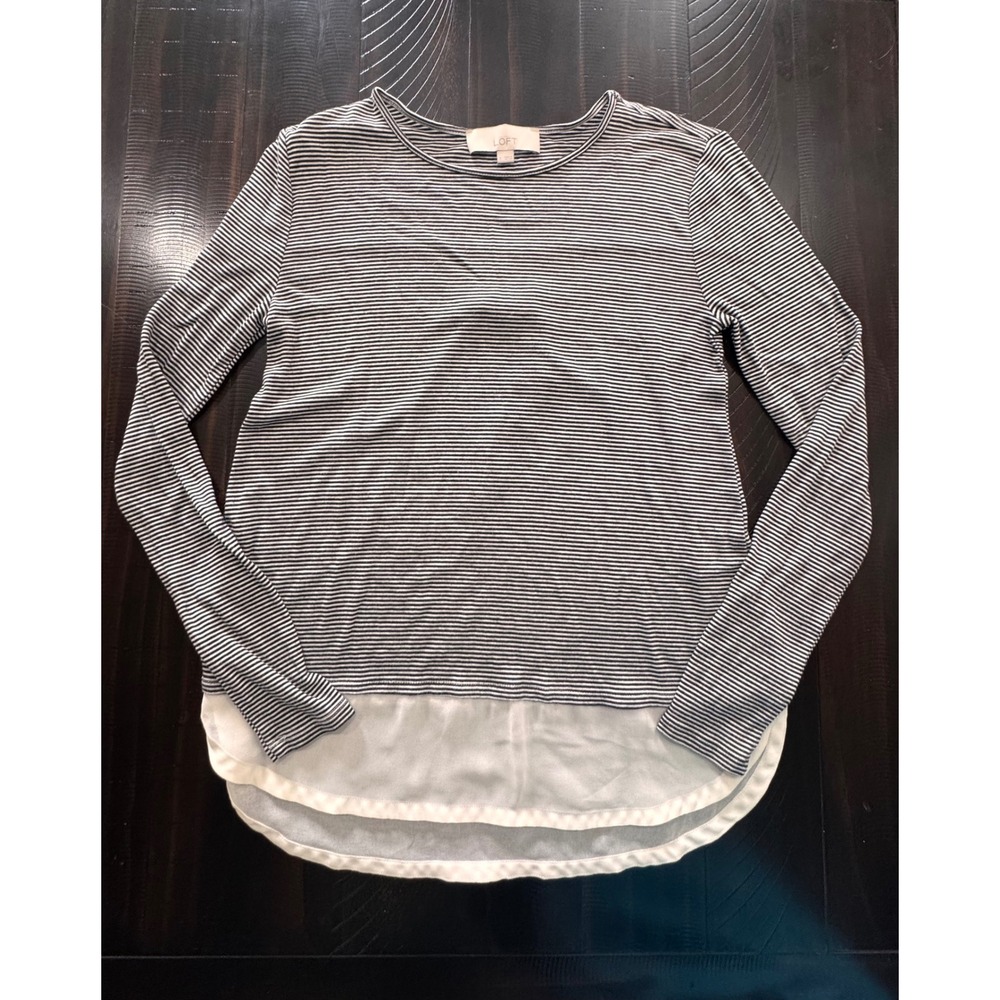 Loft Striped Mixed Media Long Sleeve Top Navy White Layered Hem Small